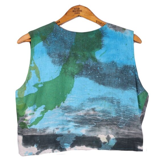 Mexico Handmade Vest Grasol Boutique Cropped Cotton Watercolours Blue Green - Picture 3 of 10